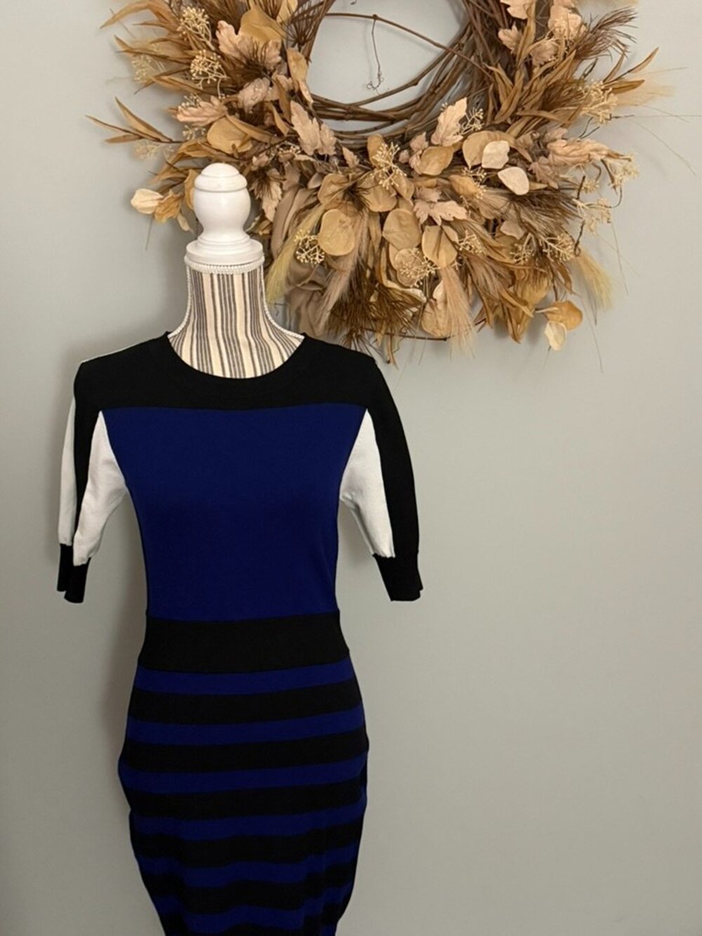 Karen Millen KP025 Colorblock Bodycon Dress Blue Black White Size 3